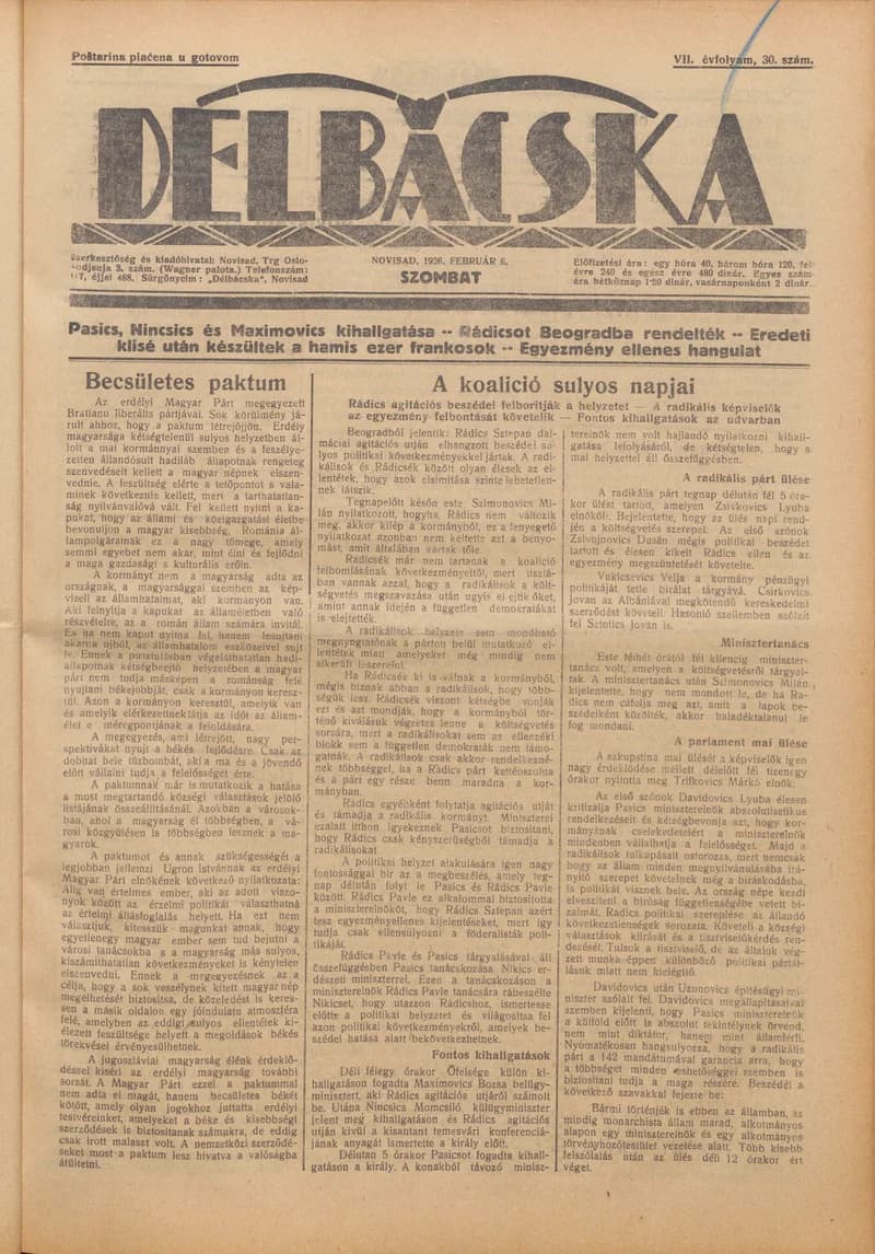 Délbácska, 7. évf. 1926. február 6. 30. sz.