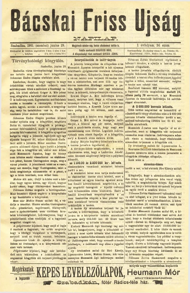 Bácskai Friss Ujság, 1. évf. 1901. június 29. 24. sz.