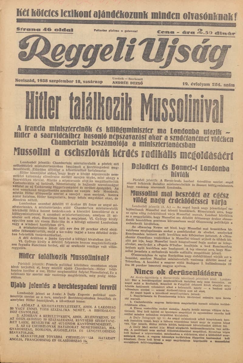 Reggeli Újság, 19. évf. 1938. szeptember 18. 254. sz.