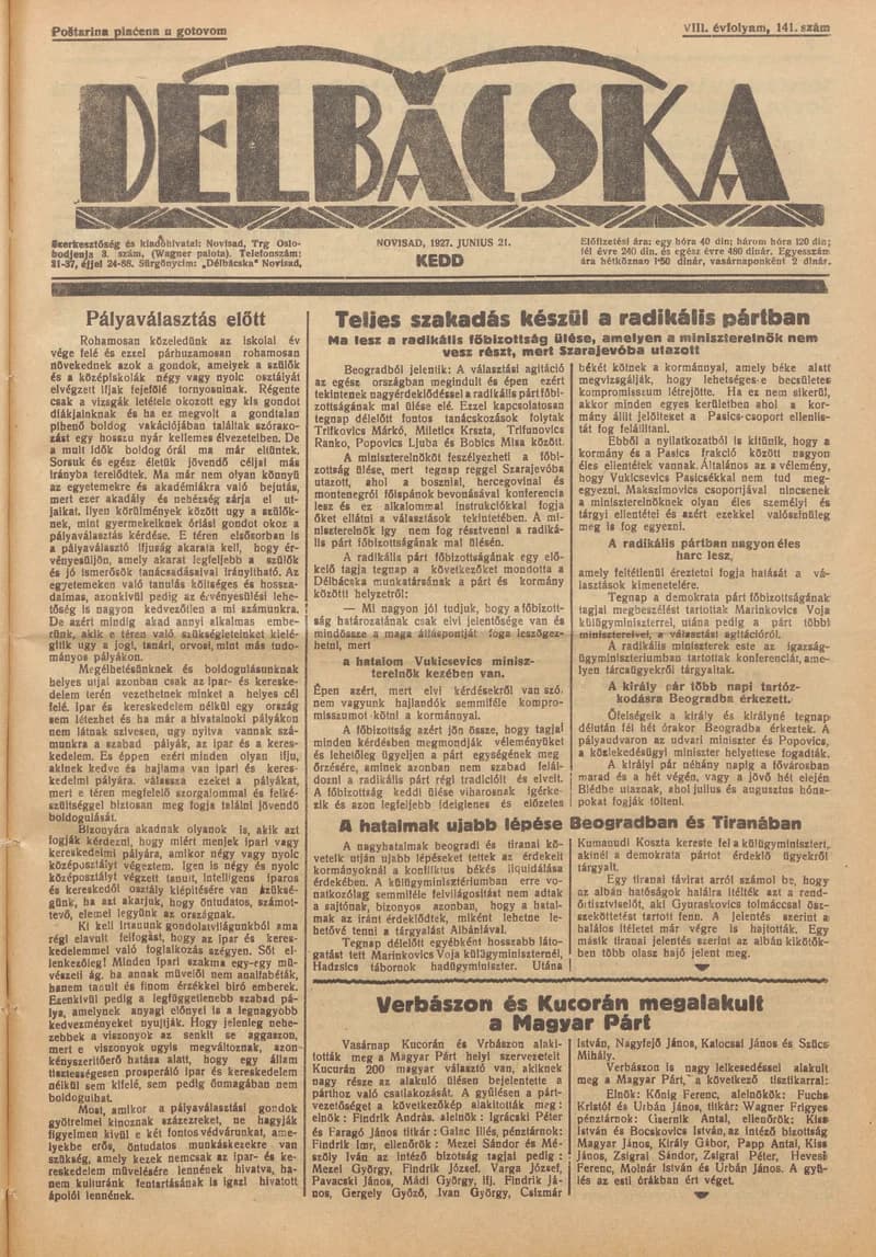 Délbácska, 8. évf. 1927. június 21. 141. sz.