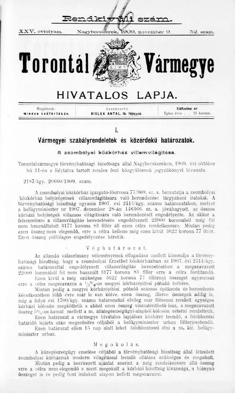 Torontál Vármegye Hivatalos Lapja, 25. évf. 1909. november 9. 52. sz.