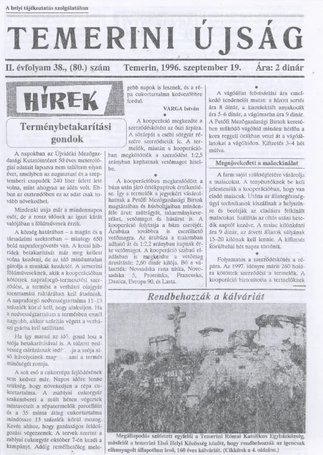 Temerini Újság, 2. évf. 1996. szeptember 19. 38. sz.