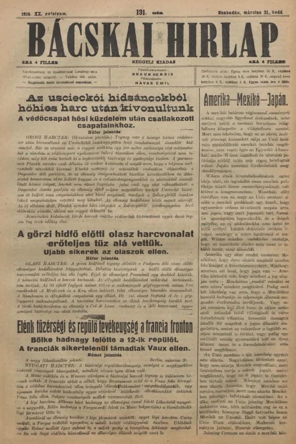 Bácskai Hirlap, 20. évf. 1916. március 21. 131. sz.
