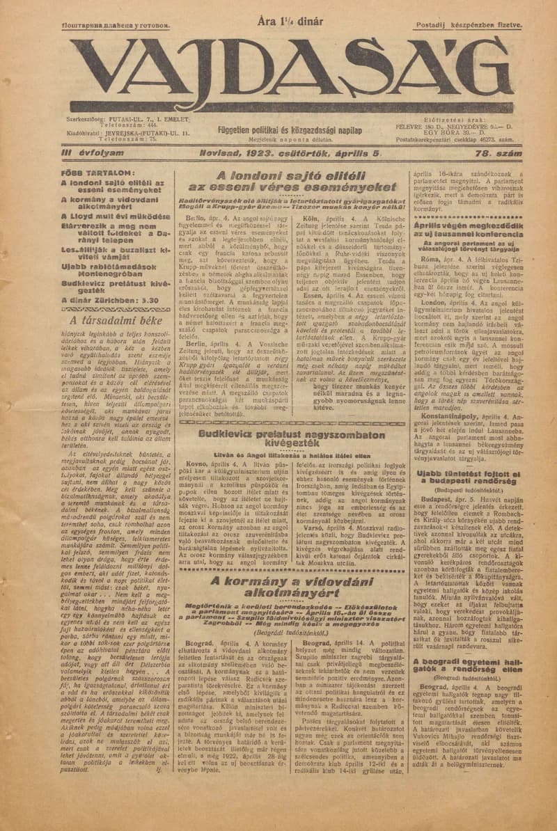 Vajdaság, 3. évf. 1923. április 5. 78. sz.