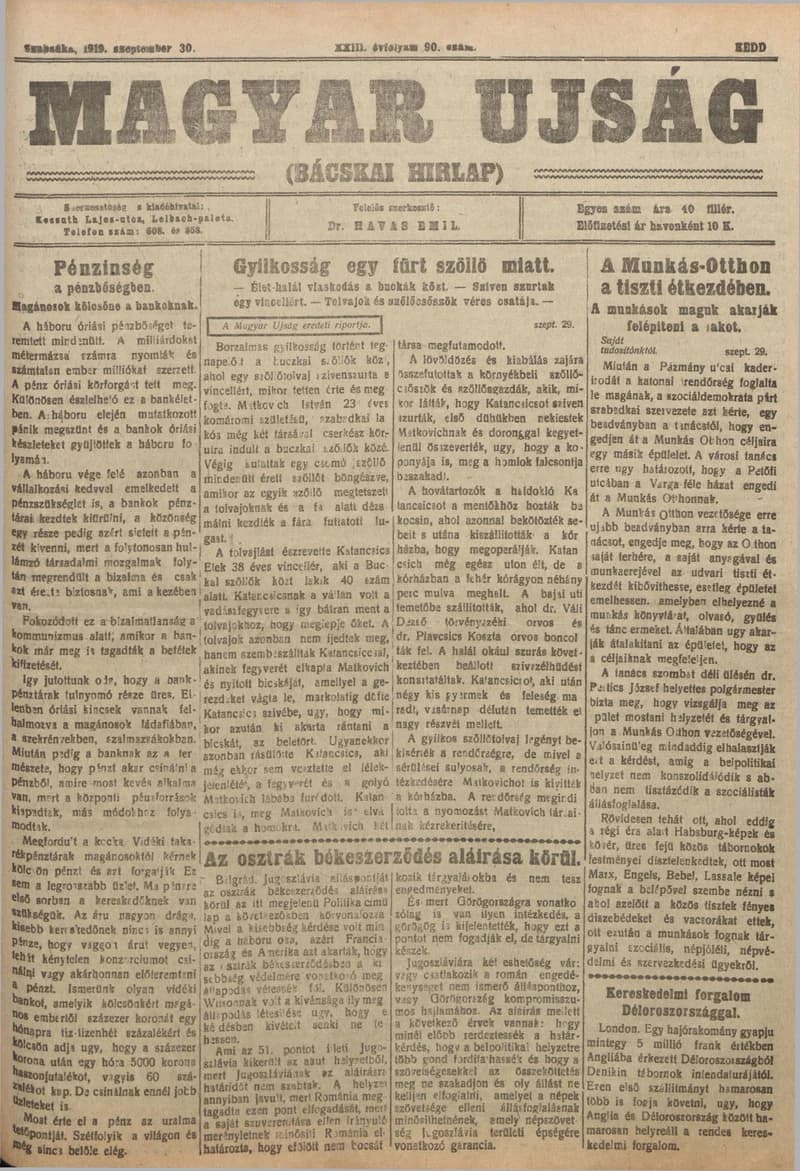 Bácskai Hirlap, 23. évf. 1919. szeptember 30. 90. sz.
