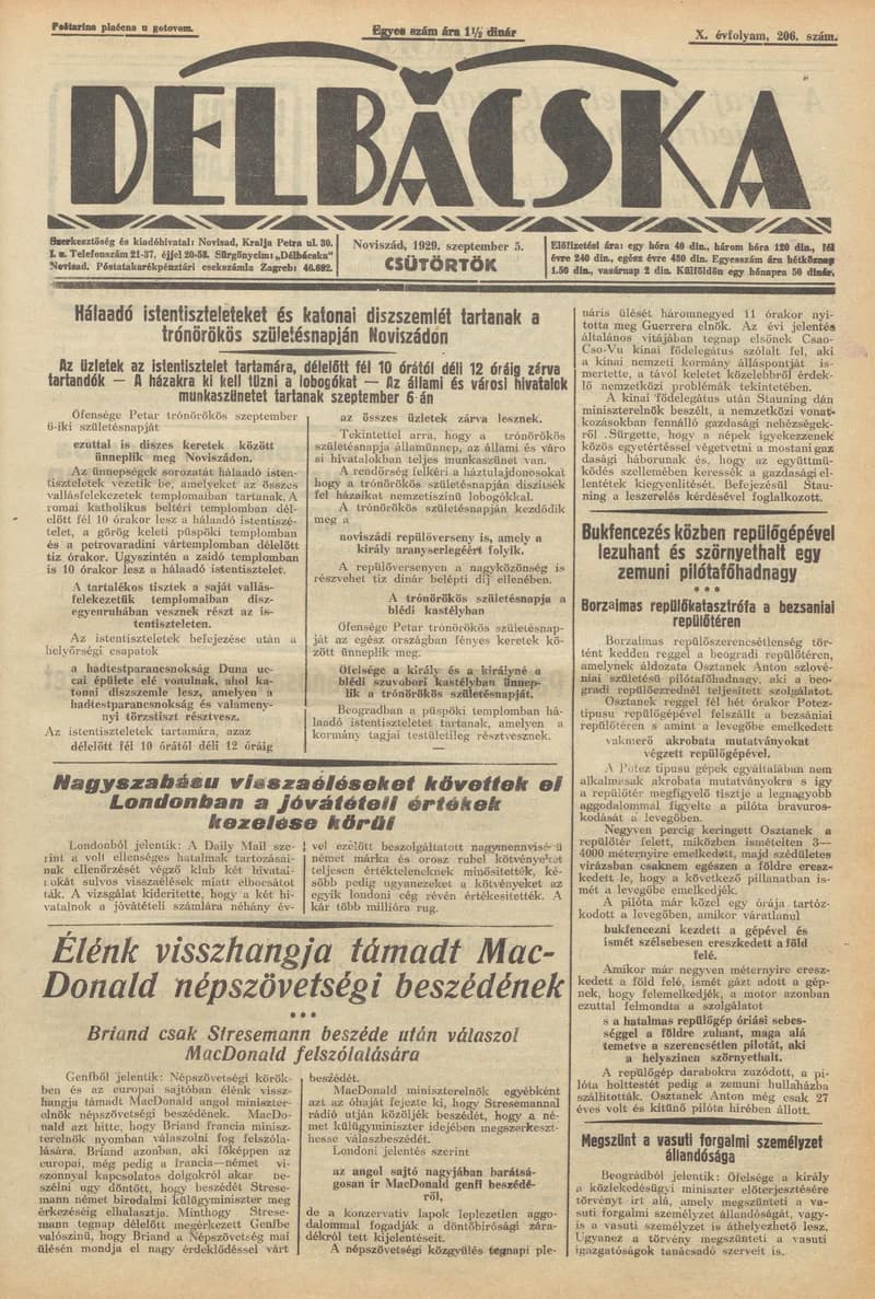 Délbácska, 10. évf. 1929. szeptember 5. 206. sz.