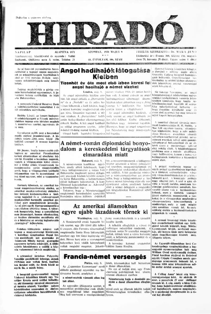 Híradó, 60. évf. 1931. május 9. 106. sz.