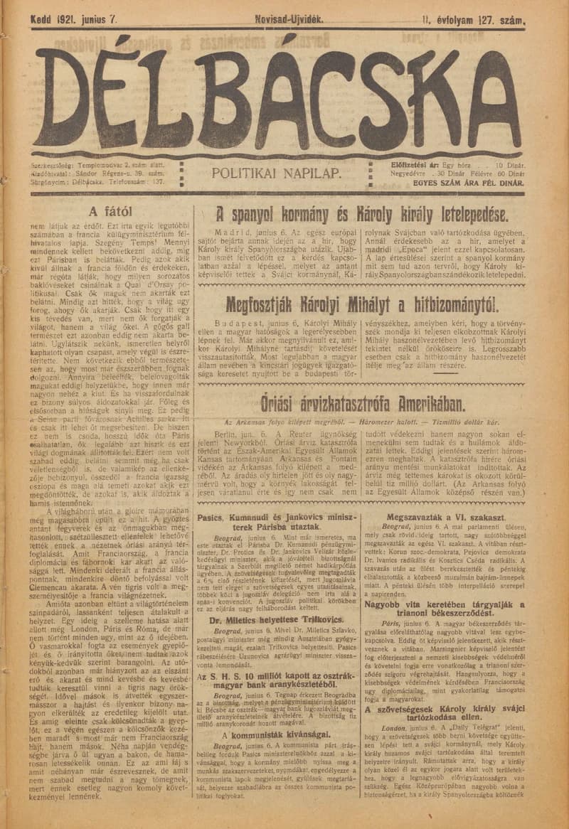 Délbácska, 2. évf. 1921. június 7. 127. sz.