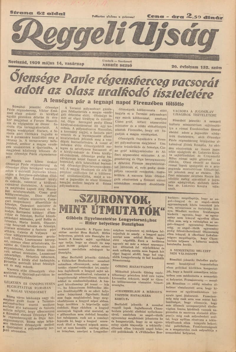 Reggeli Újság, 20. évf. 1939. május 14. 132. sz.