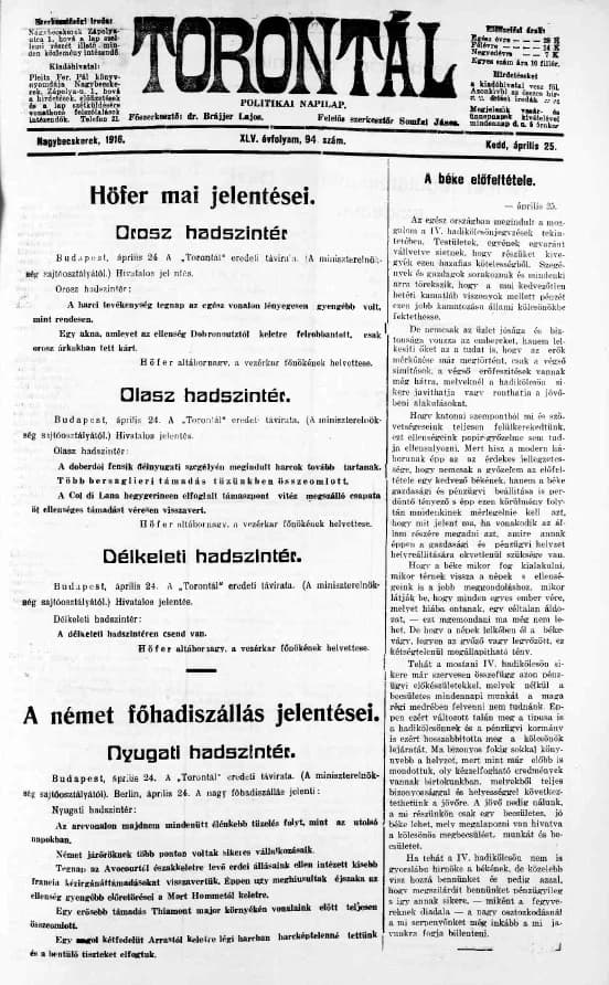 Torontál, 45. évf. 1916. április 25. 94. sz.