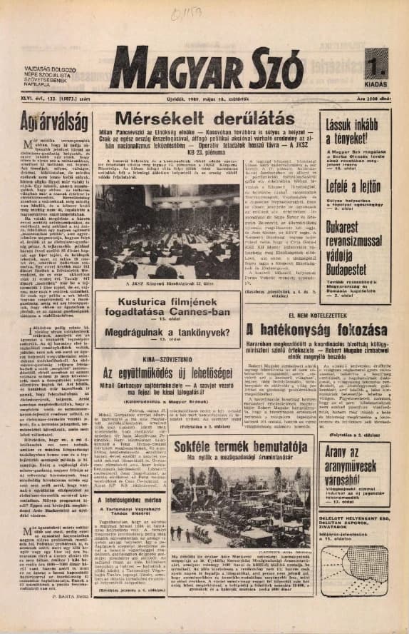 Magyar Szó, 46. évf. 1989. május 18. 133. sz. 1–20. oldal