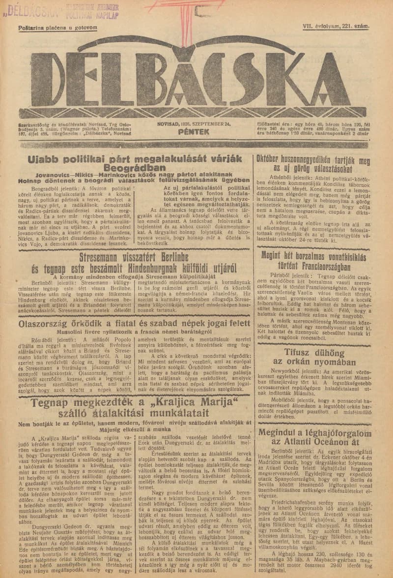 Délbácska, 7. évf. 1926. szeptember 24. 221. sz.