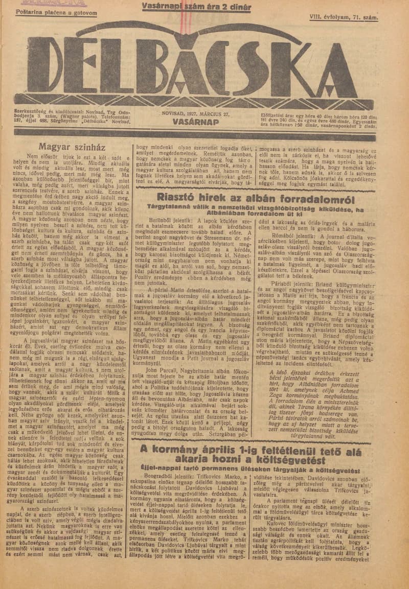 Délbácska, 8. évf. 1927. március 28. 72. sz.