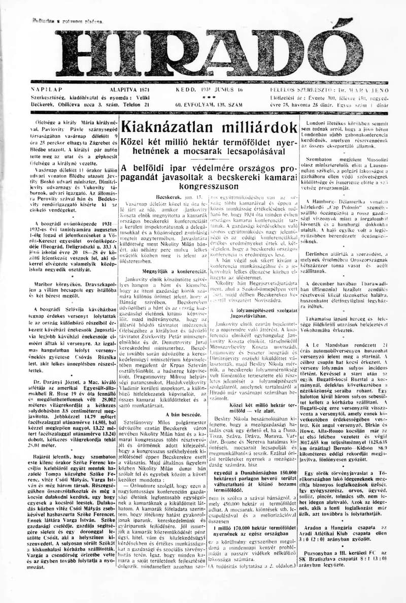 Híradó, 60. évf. 1931. június 16. 135. sz.