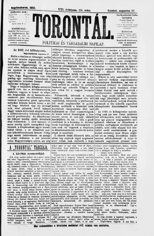 Torontál, 21. évf. 1892. augusztus 27. 176. sz.
