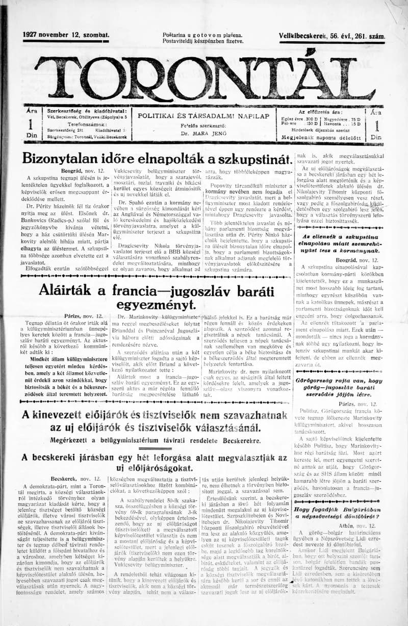 Torontál, 56. évf. 1927. november 12. 261. sz.