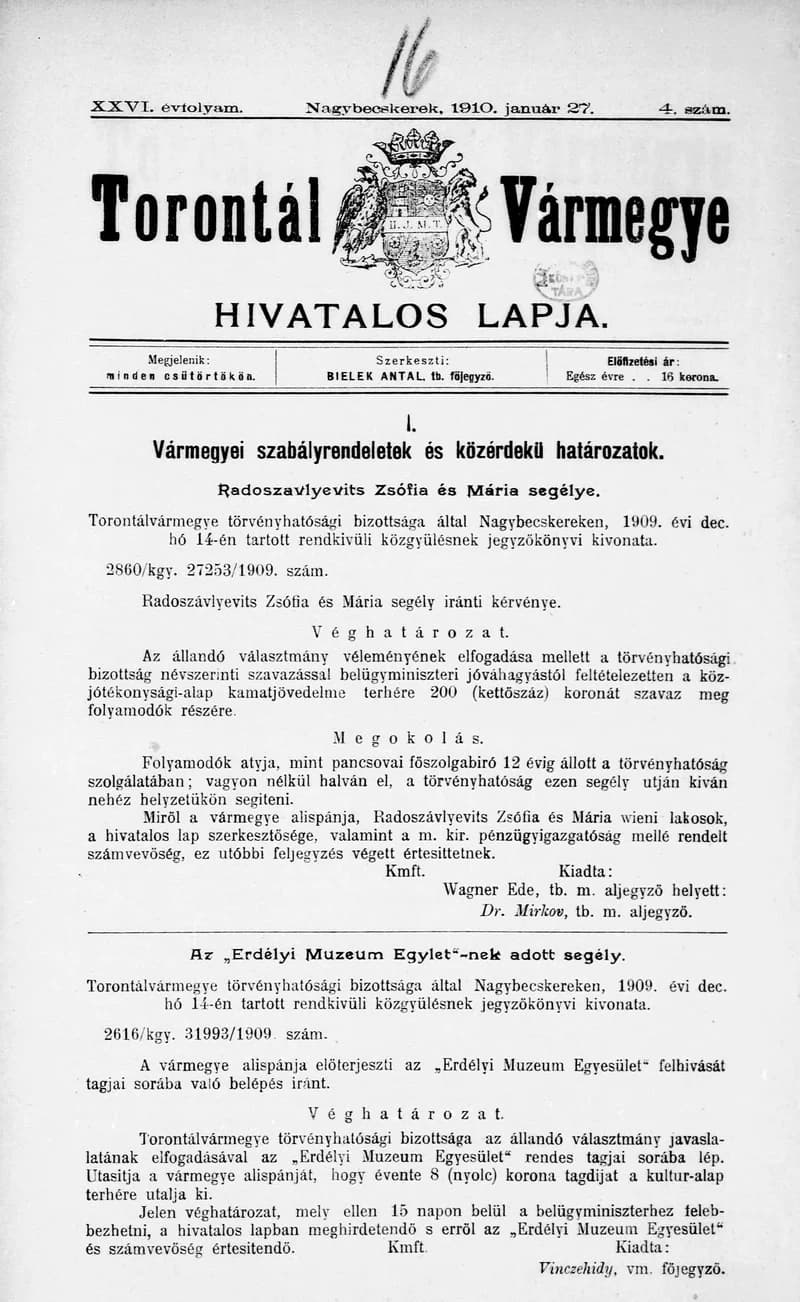 Torontál Vármegye Hivatalos Lapja, 26. évf. 1910. január 27. 4. sz.