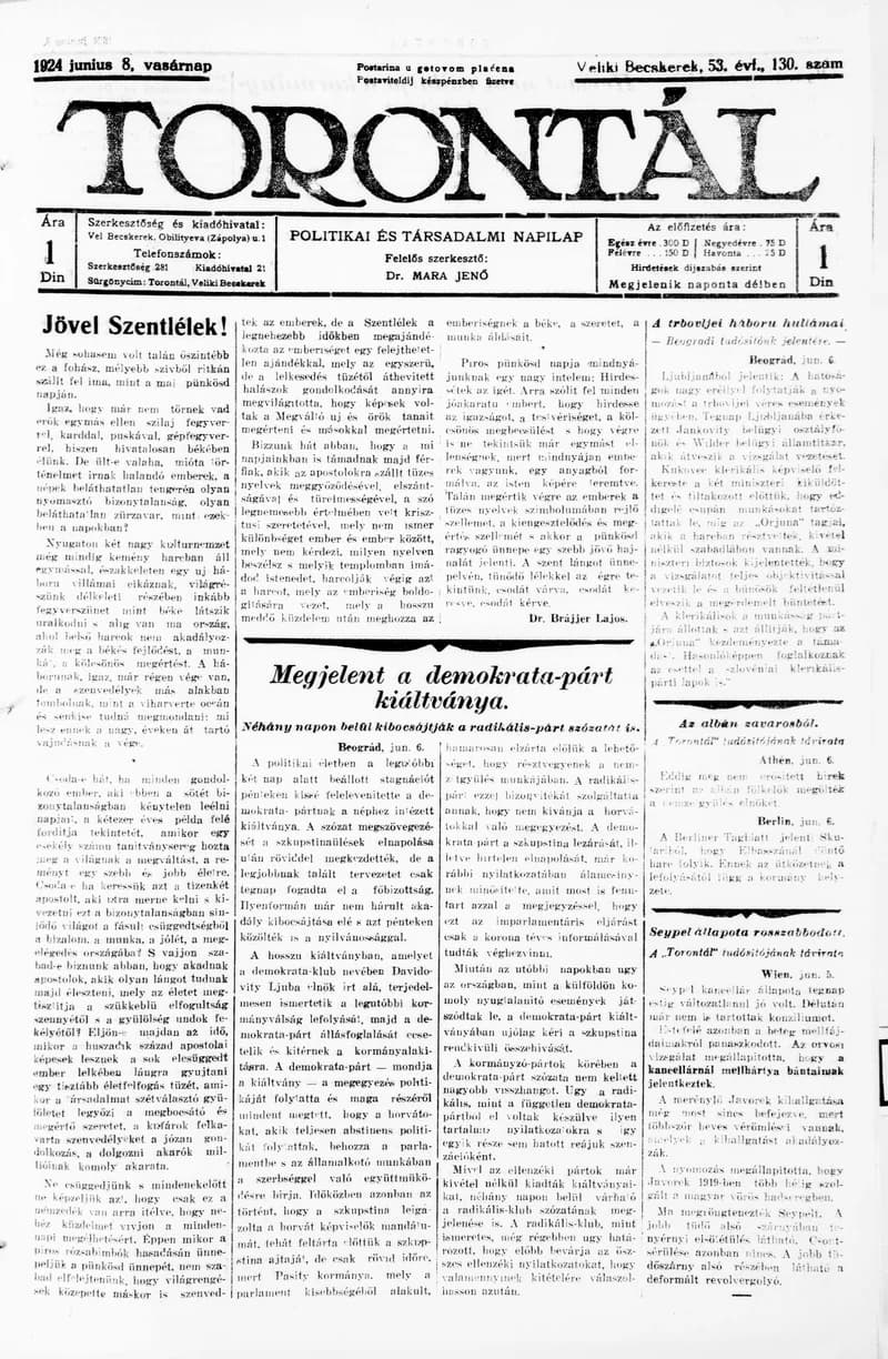 Torontál, 53. évf. 1924. június 8. 130. sz.