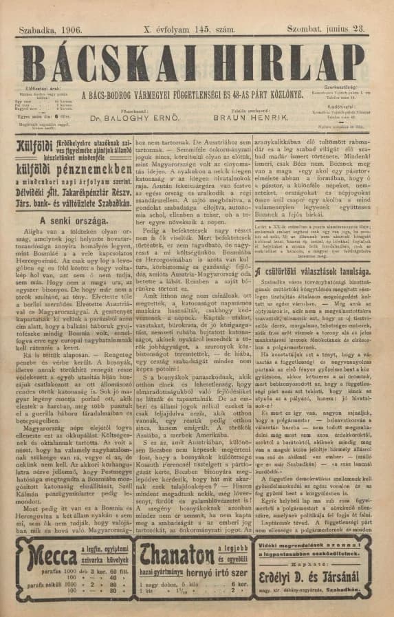 Bácskai Hirlap, 10. évf. 1906. június 23. 145. sz.