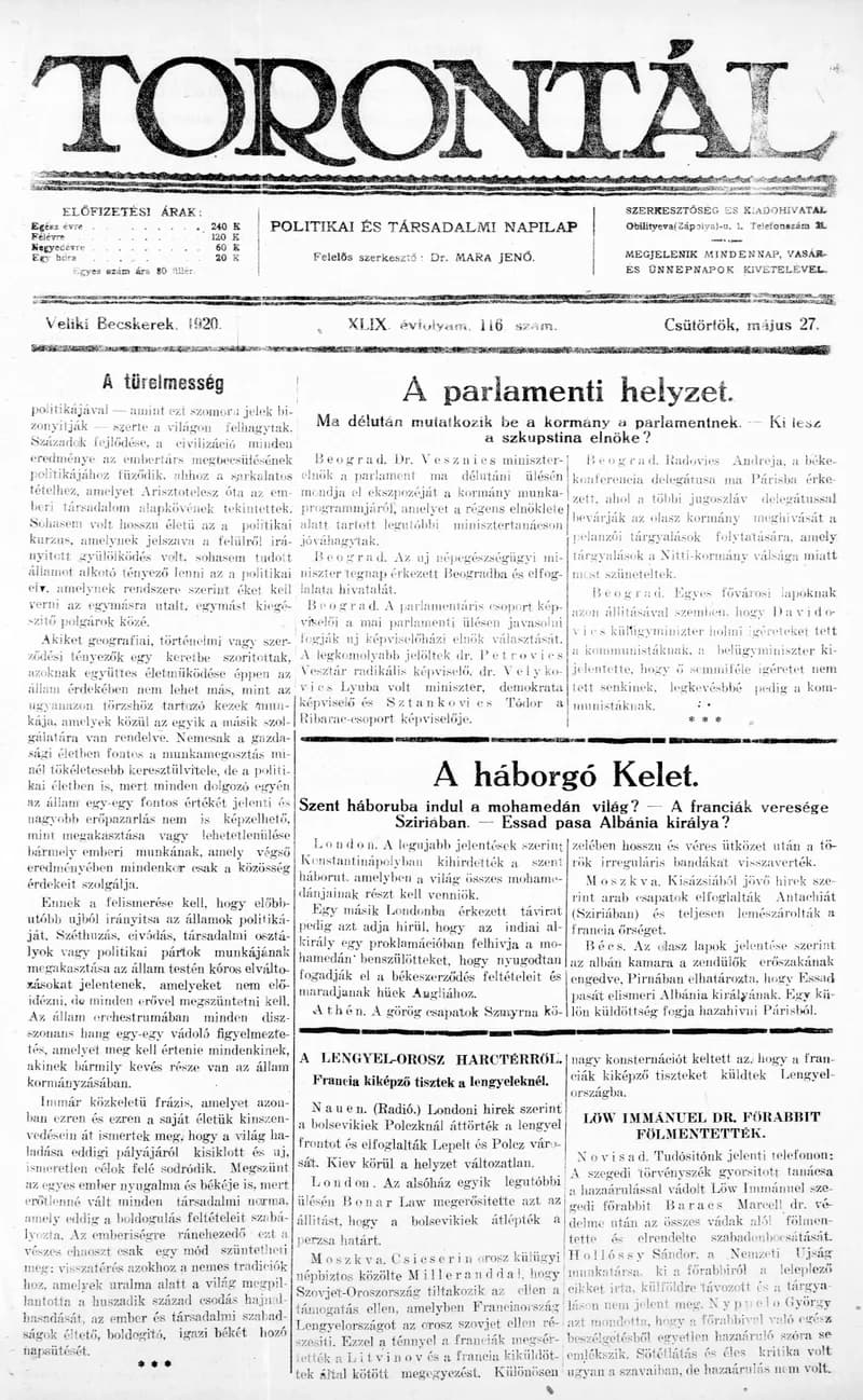 Torontál, 49. évf. 1920. május 27. 116. sz.