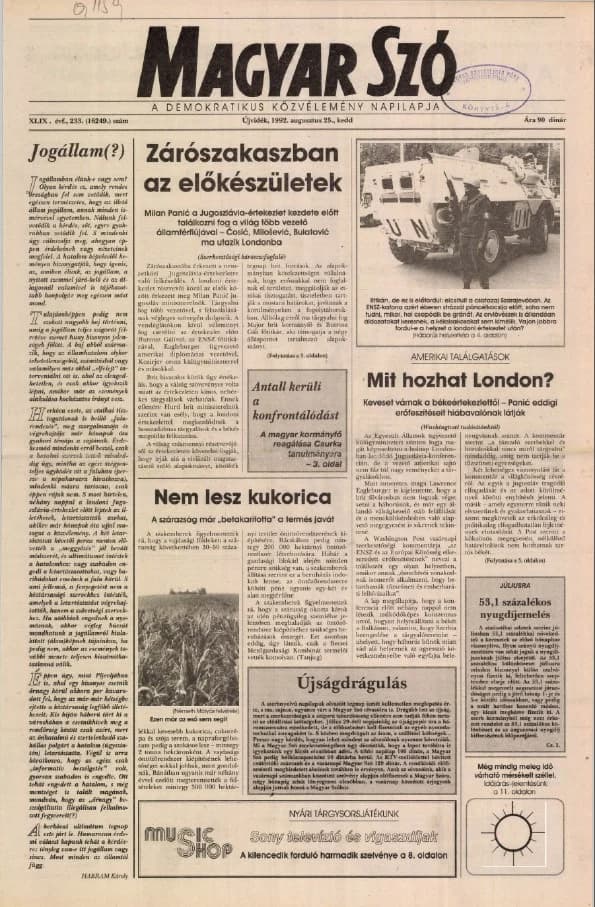 Magyar Szó, 49. évf. 1992. augusztus 25. 233. sz. 1–16. oldal