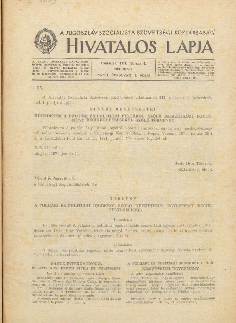 A Jugoszláv Szocialista Szövetségi Köztársaság Hivatalos Lapja, 27. évf. 1971. február 4. 7. sz. 73–136. oldal