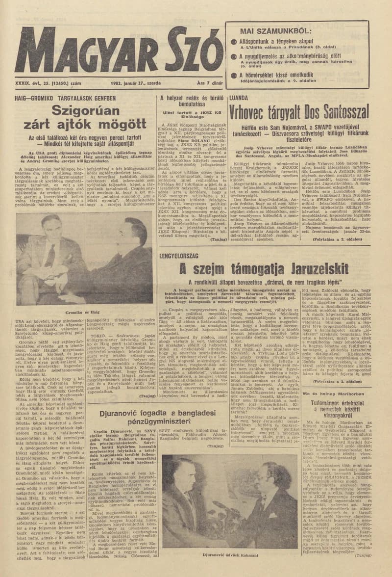 Magyar Szó, 39. évf. 1982. január 27. 25. sz. 1–20. oldal