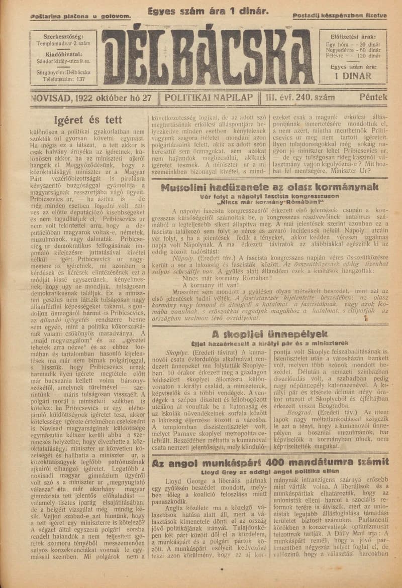 Délbácska, 3. évf. 1922. október 27. 240. sz.
