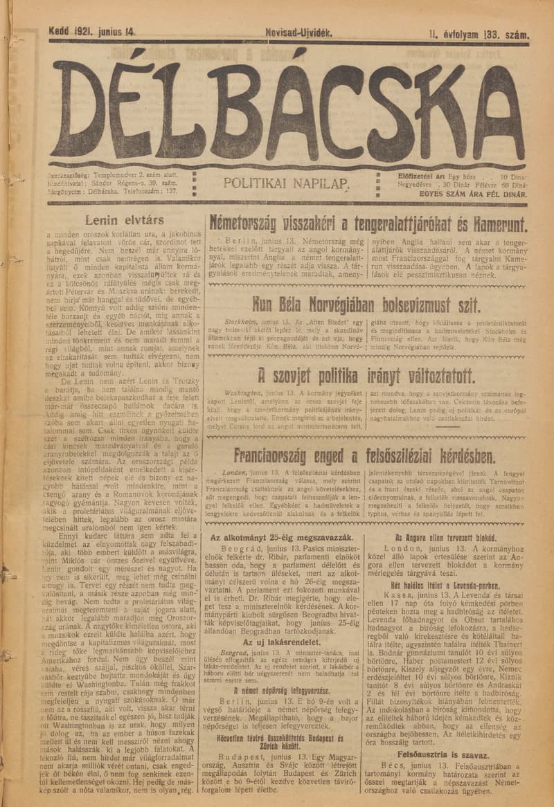 Délbácska, 2. évf. 1921. június 14. 133. sz.