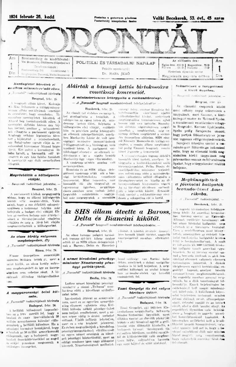 Torontál, 53. évf. 1924. február 26. 45. sz.