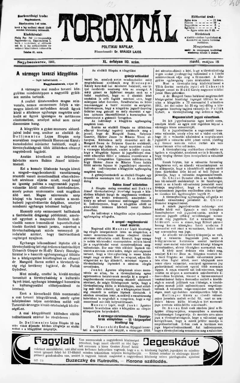 Torontál, 40. évf. 1911. május 15. 110. sz.