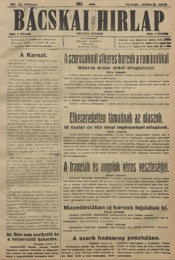 Bácskai Hirlap, 20. évf. 1916. október 20. 481. sz.