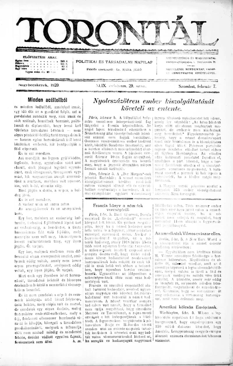 Torontál, 49. évf. 1920. február 7. 29. sz.