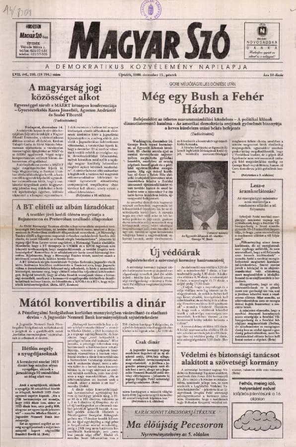 Magyar Szó, 57. évf. 2000. december 15. 295. sz. 1–16. oldal