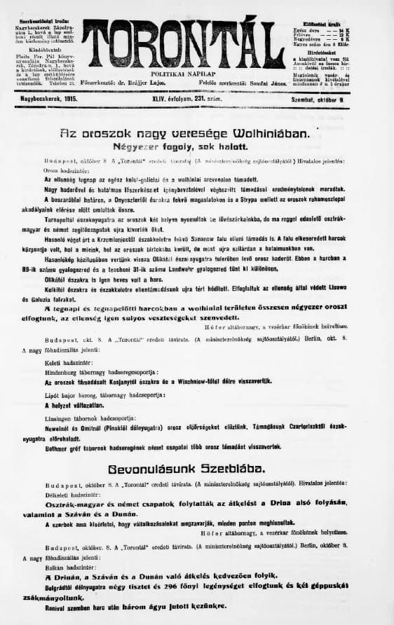 Torontál, 44. évf. 1915. október 9. 231. sz.