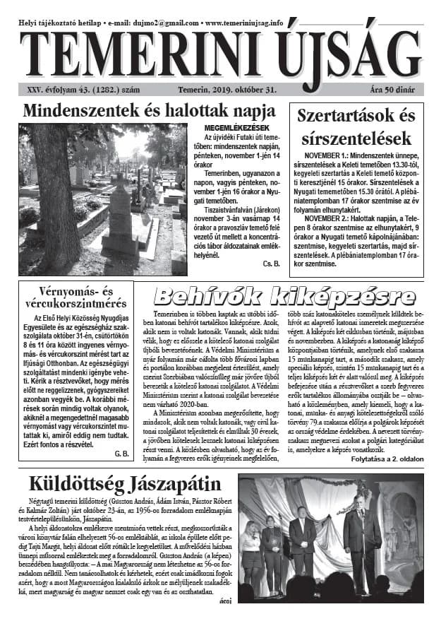 Temerini Újság, 25. évf. 2019. október 31. 43. sz.