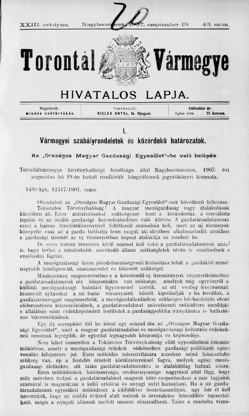 Torontál Vármegye Hivatalos Lapja, 23. évf. 1907. szeptember 19. 43. sz.