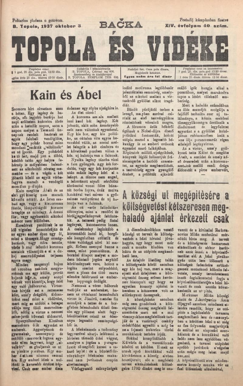 Bačka Topola és Vidéke, 14. évf. 1937. október 3. 40. sz.
