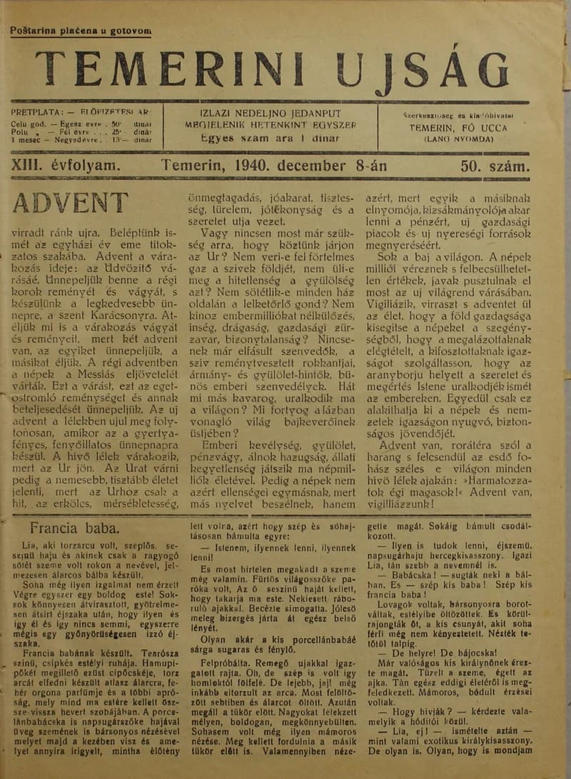 Temerini Újság 1928-1944, 13. évf. 1940. december 8. 50. sz.