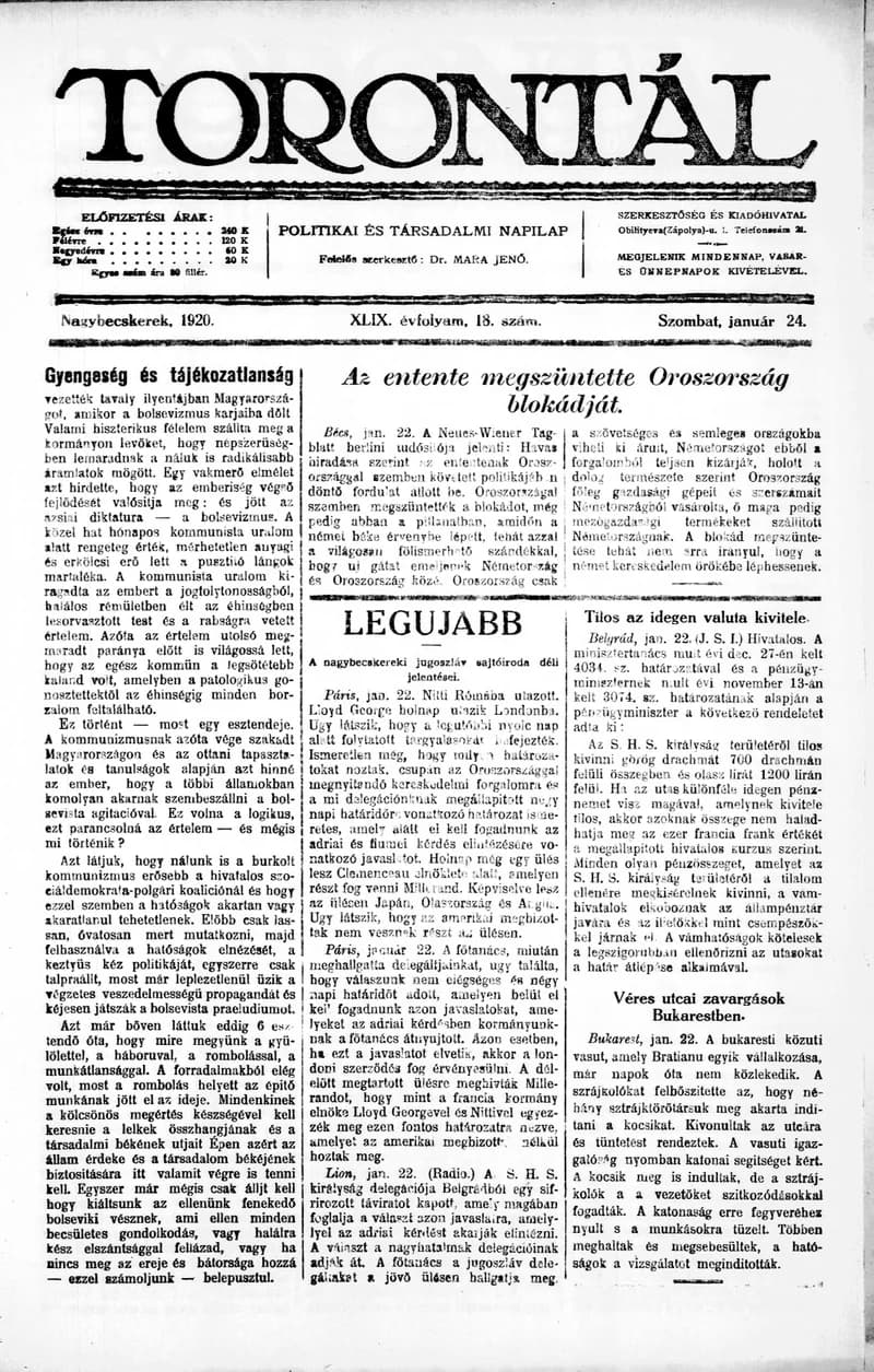 Torontál, 49. évf. 1920. január 24. 18. sz.