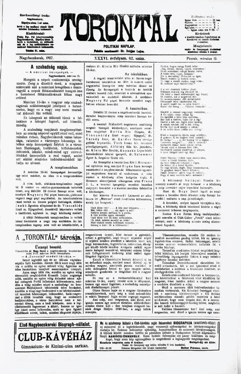 Torontál, 36. évf. 1907. március 15. 62. sz.