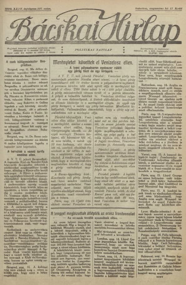 Bácskai Hirlap, 24. évf. 1920. augusztus 17. 127. sz.