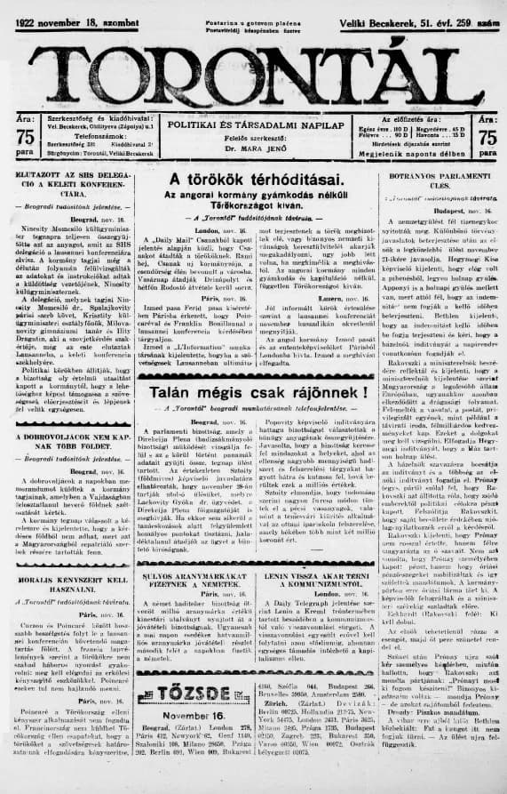 Torontál, 51. évf. 1922. november 18. 259. sz.