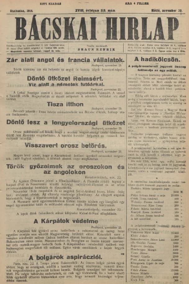 Bácskai Hirlap, 18. évf. 1914. november 23. 313. sz.