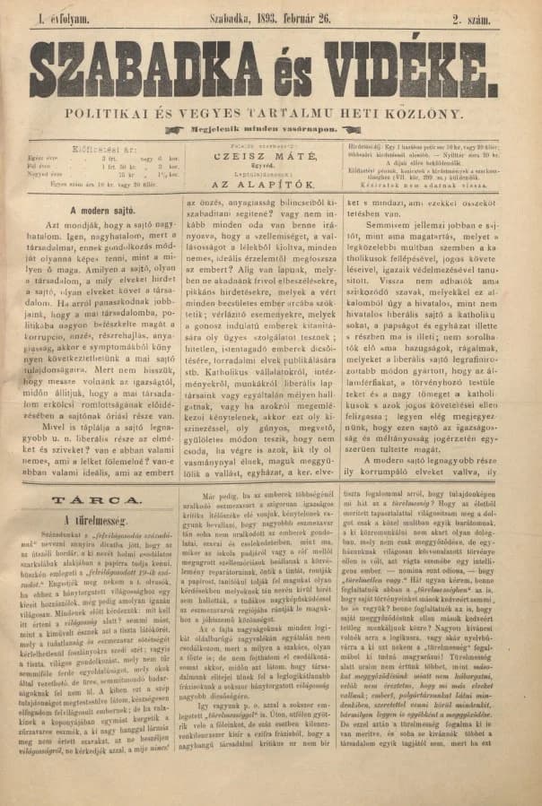 Szabadka és vidéke II, 1. évf. 1893. február 26. 2. sz.