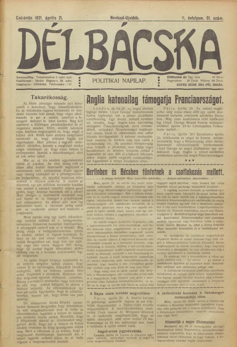 Délbácska, 2. évf. 1921. április 21. 91. sz.