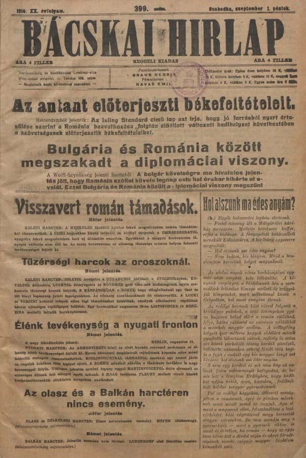 Bácskai Hirlap, 20. évf. 1916. szeptember 1. 399. sz.