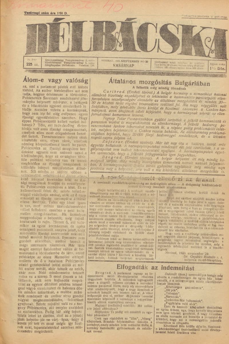 Délbácska, 4. évf. 1923. szeptember 30. 225. sz.