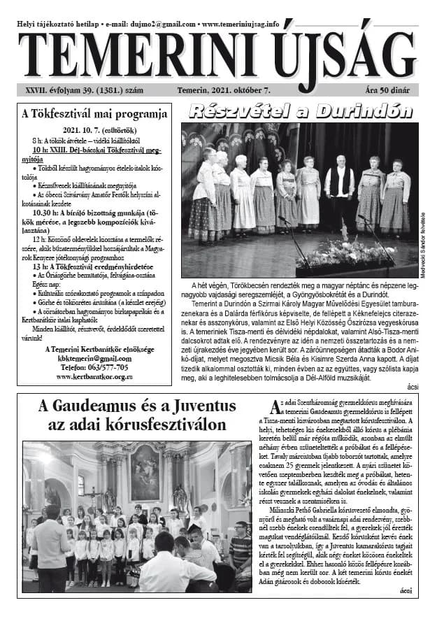 Temerini Újság, 27. évf. 2021. október 7. 39. sz.