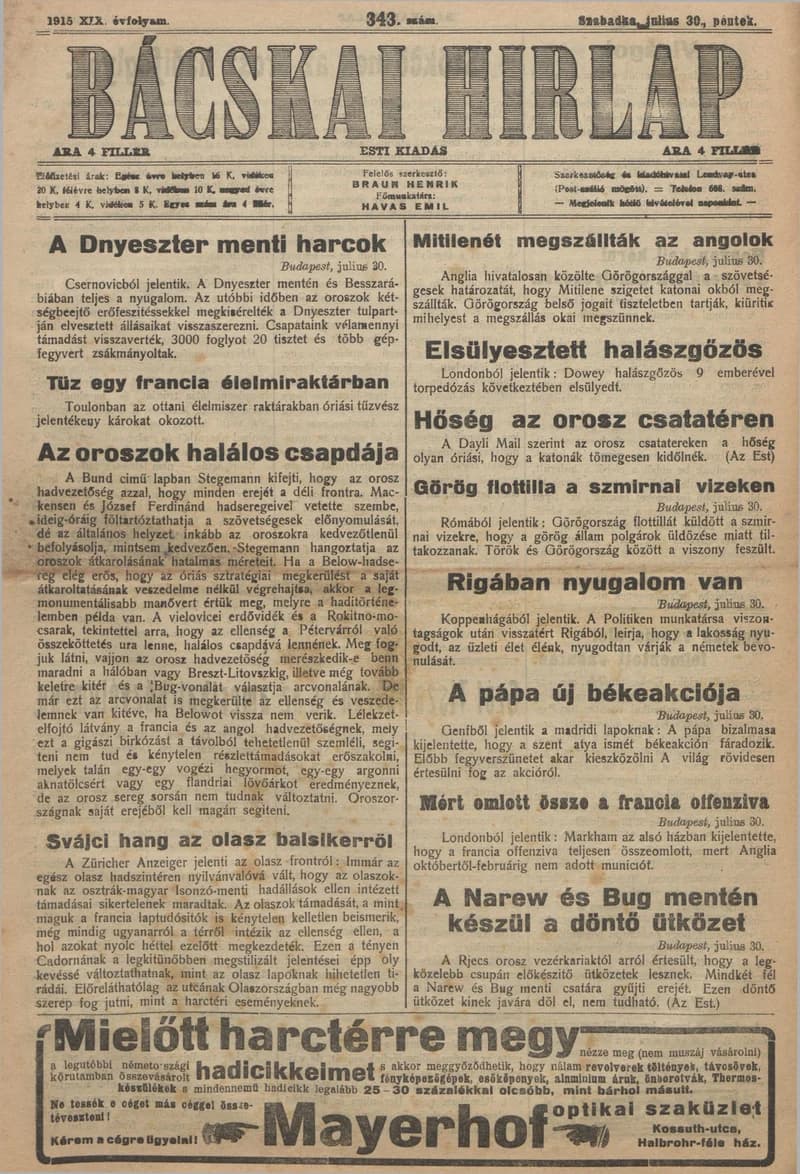 Bácskai Hirlap, 19. évf. 1915. július 30. 343. sz.